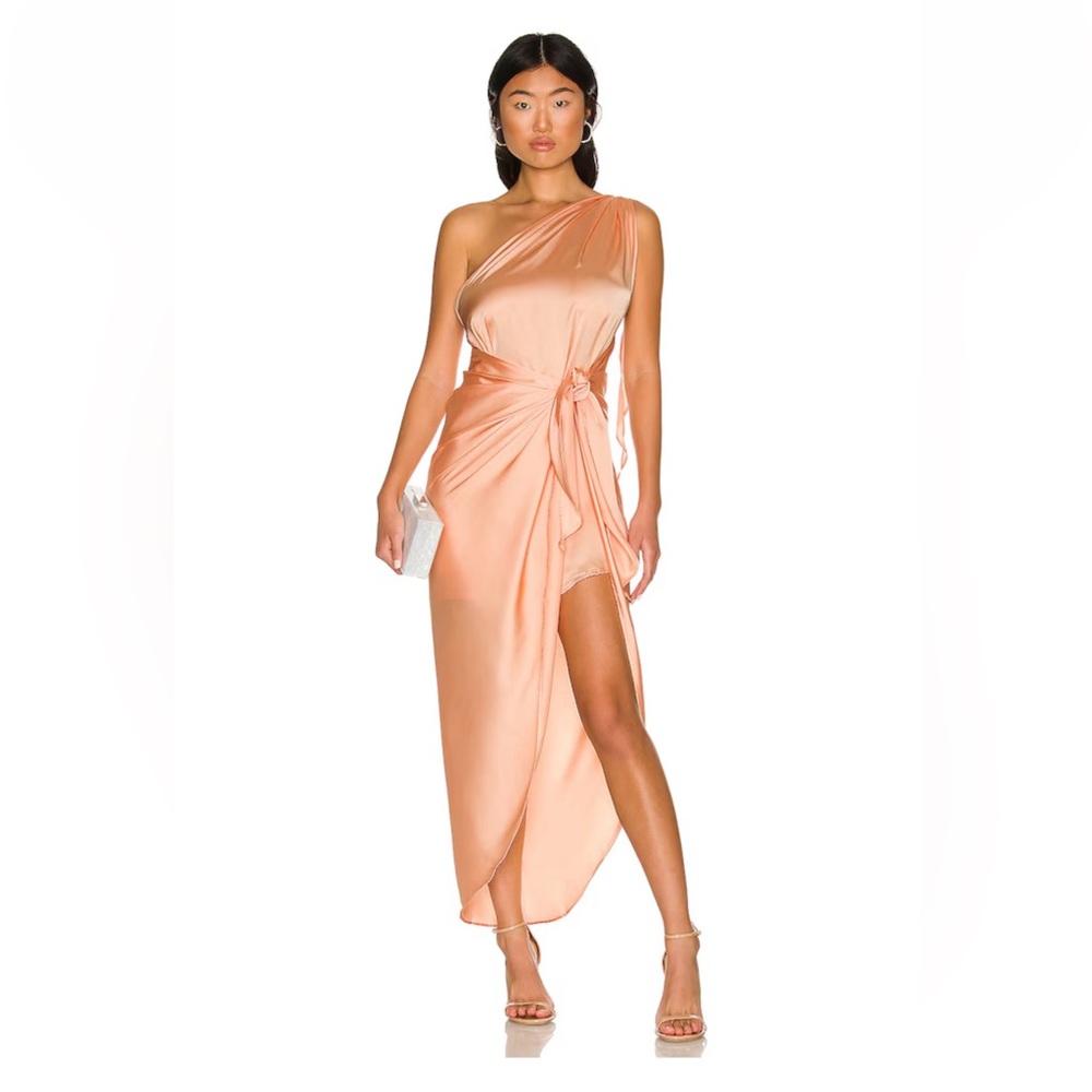 Baobab Collection Marea Dress Peach One-Shoulder Satin Draped Knot Revolve L